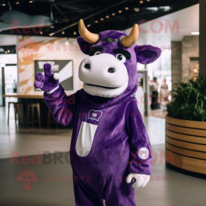 Purple Cow mascot costume character dressed with a Polo Shirt and Mittens