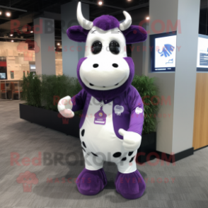 Purple Cow mascot costume character dressed with a Polo Shirt and Mittens