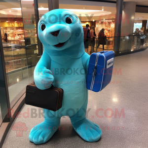 Cyan Sea Lion mascot costume character dressed with a Bodysuit and Clutch bags