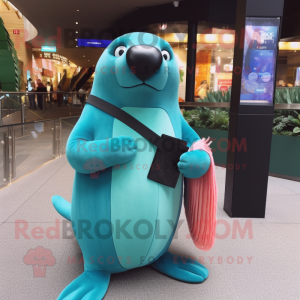 Cyan Sea Lion mascot costume character dressed with a Bodysuit and Clutch bags