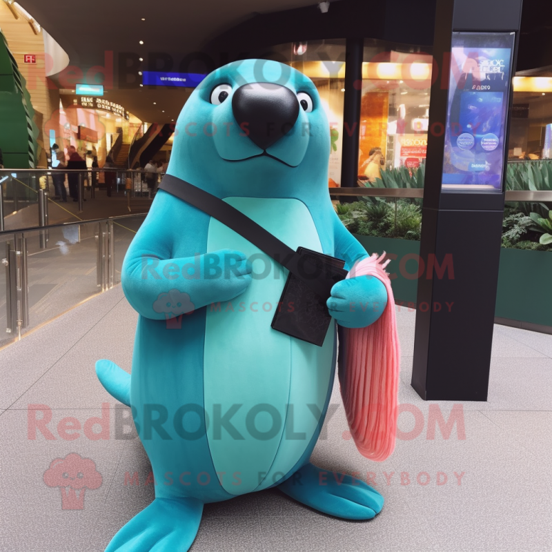 Cyan Sea Lion mascot costume character dressed with a Bodysuit and Clutch bags