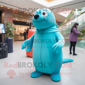 Cyan Sea Lion mascot costume character dressed with a Bodysuit and Clutch bags