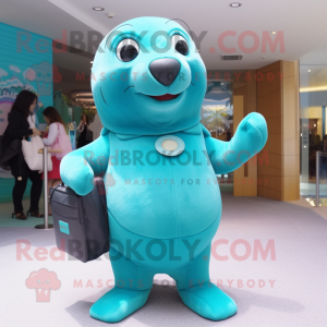 Cyan Sea Lion mascot costume character dressed with a Bodysuit and Clutch bags