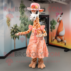 Peach Giraffe mascot costume character dressed with a Midi Dress and Hat pins