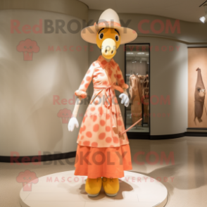 Peach Giraffe mascot costume character dressed with a Midi Dress and Hat pins