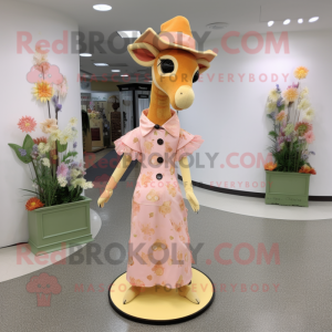 Peach Giraffe mascot costume character dressed with a Midi Dress and Hat pins