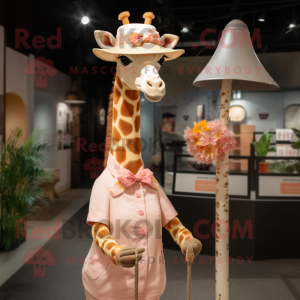 Peach Giraffe mascot costume character dressed with a Midi Dress and Hat pins