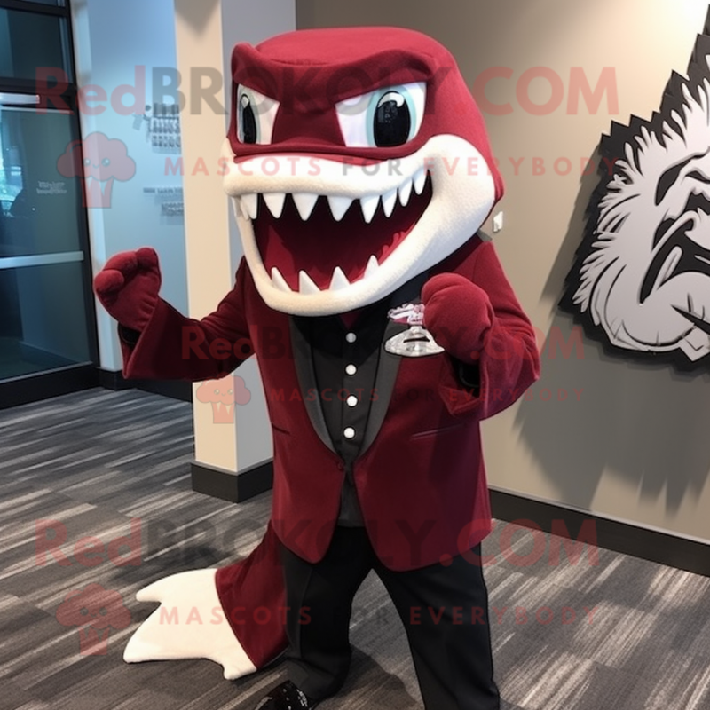 Maroon Barracuda mascot costume character dressed with a Tuxedo and Scarf clips