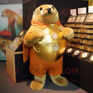 Gold Walrus mascot costume character dressed with a Shorts and Coin purses