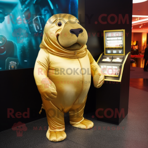 Gold Walrus mascot costume character dressed with a Shorts and Coin purses