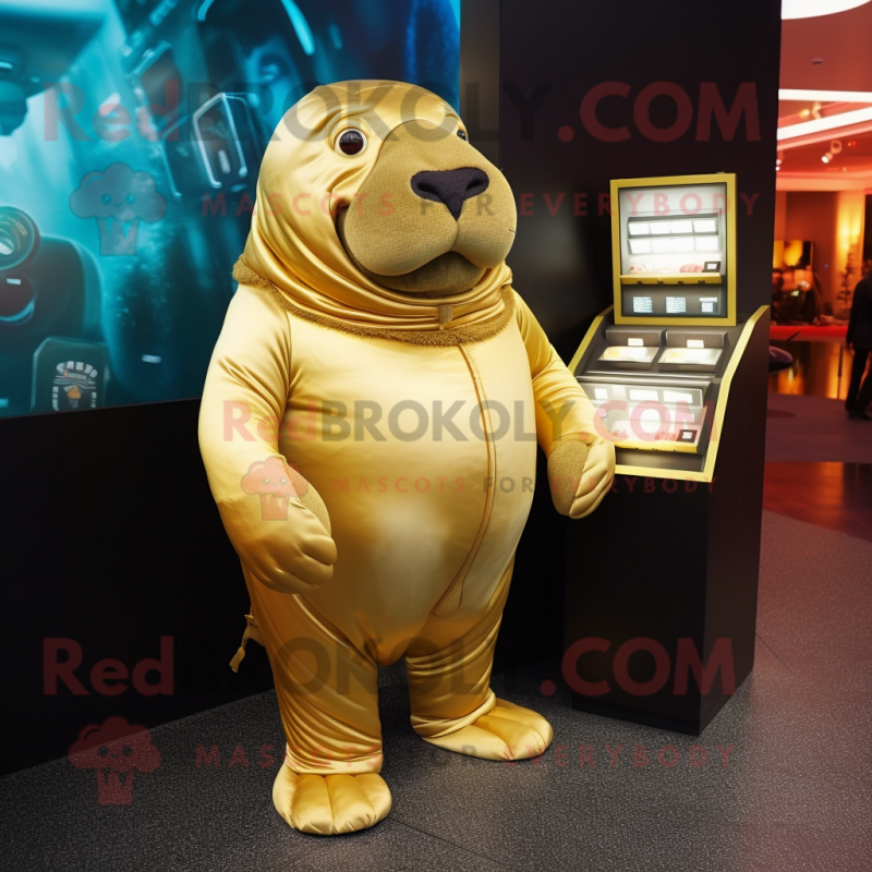 Gold Walrus mascot costume character dressed with a Shorts and Coin purses Gold Walrus mascot costume character dressed with a Shorts and Coin purses