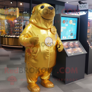 Gold Walrus mascot costume character dressed with a Shorts and Coin purses