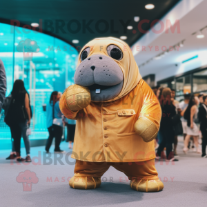 Gold Walrus mascot costume character dressed with a Shorts and Coin purses