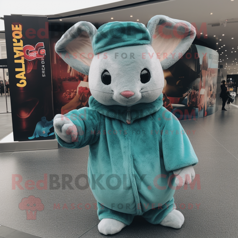 Teal Chinchilla mascot costume character dressed with a Cover-up and Beanies Teal Chinchilla mascot costume character dressed with a Cover-up and Beanies