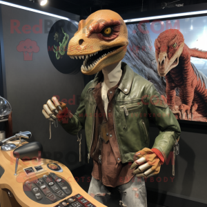 Olive Utahraptor mascot costume character dressed with a Leather Jacket and Bracelets