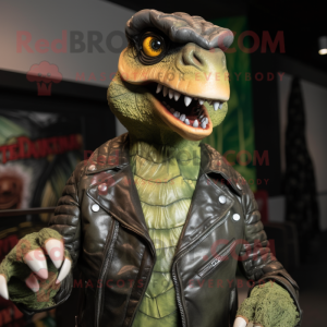 Olive Utahraptor mascot costume character dressed with a Leather Jacket and Bracelets