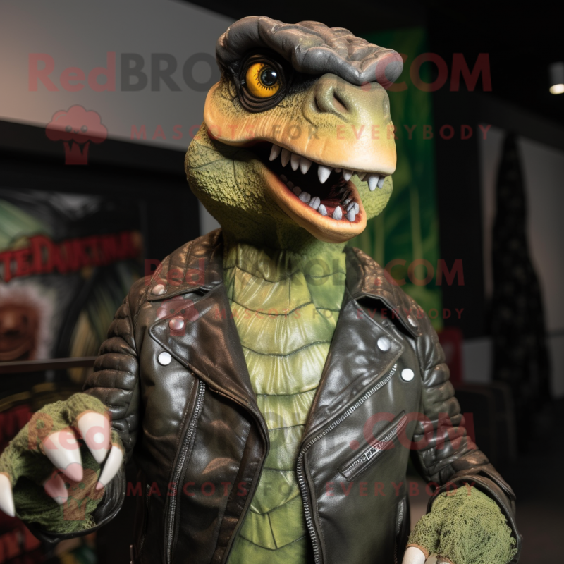 Olive Utahraptor mascot costume character dressed with a Leather Jacket and Bracelets Olive Utahraptor mascot costume character dressed with a Leather Jacket and Bracelets