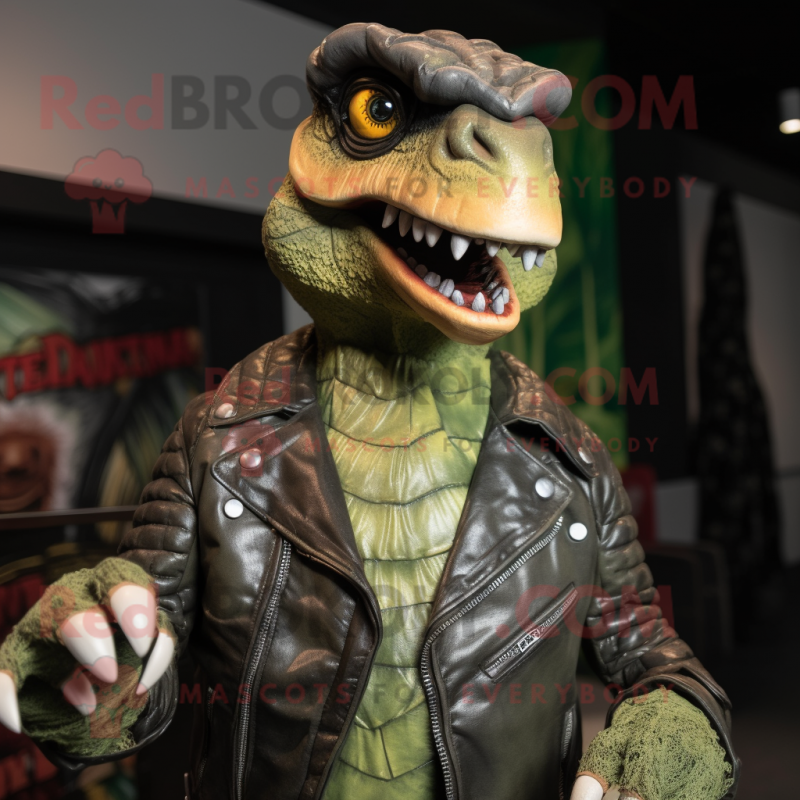 Olive Utahraptor mascot costume character dressed with a Leather Jacket and Bracelets