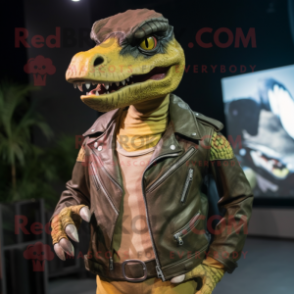 Olive Utahraptor mascot costume character dressed with a Leather Jacket and Bracelets