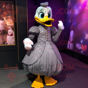 Gray Duck mascot costume character dressed with a Ball Gown and Foot pads