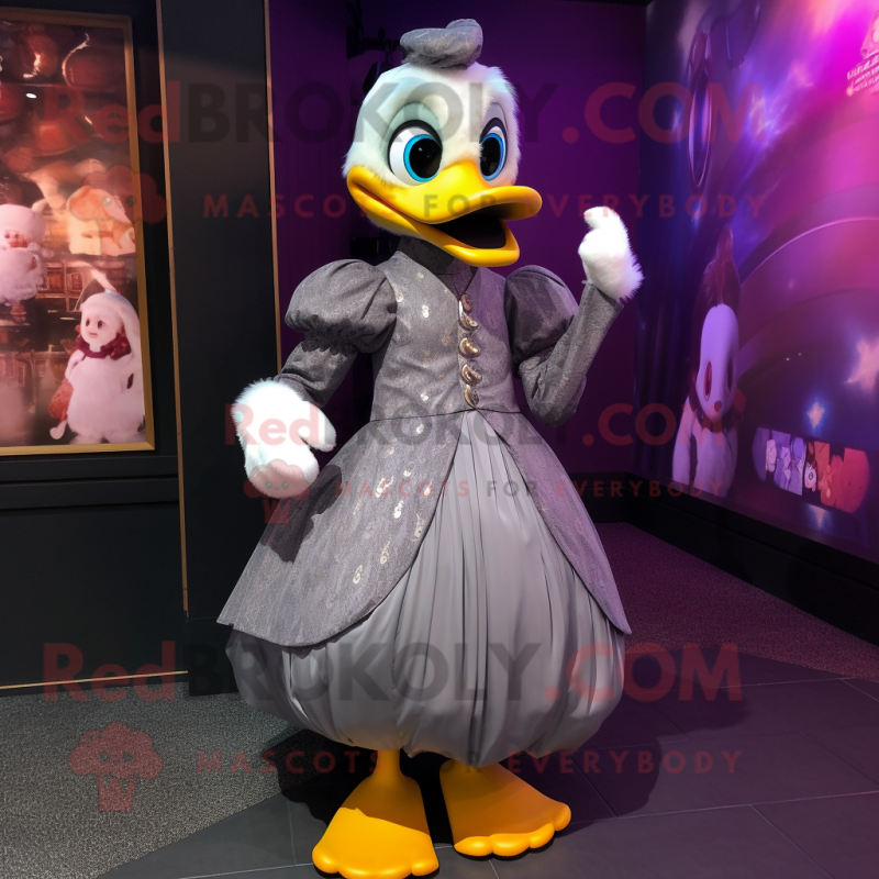 Gray Duck mascot costume character dressed with a Ball Gown and Foot pads Gray Duck mascot costume character dressed with a Ball Gown and Foot pads