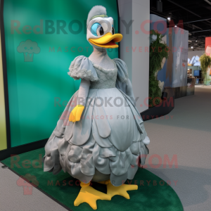 Gray Duck mascot costume character dressed with a Ball Gown and Foot pads