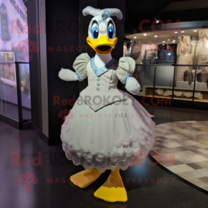 Gray Duck mascot costume character dressed with a Ball Gown and Foot pads