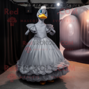 Gray Duck mascot costume character dressed with a Ball Gown and Foot pads