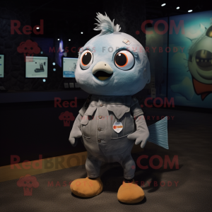 Gray Goldfish mascot costume character dressed with a Bootcut Jeans and Brooches