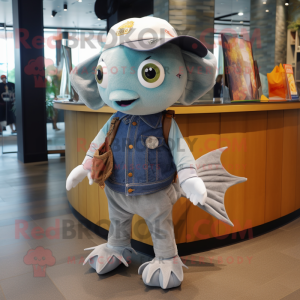 Gray Goldfish mascot costume character dressed with a Bootcut Jeans and Brooches