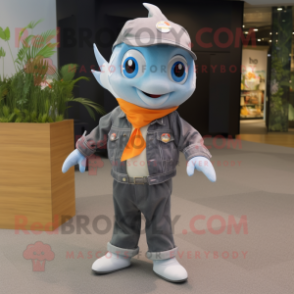 Gray Goldfish mascot costume character dressed with a Bootcut Jeans and Brooches