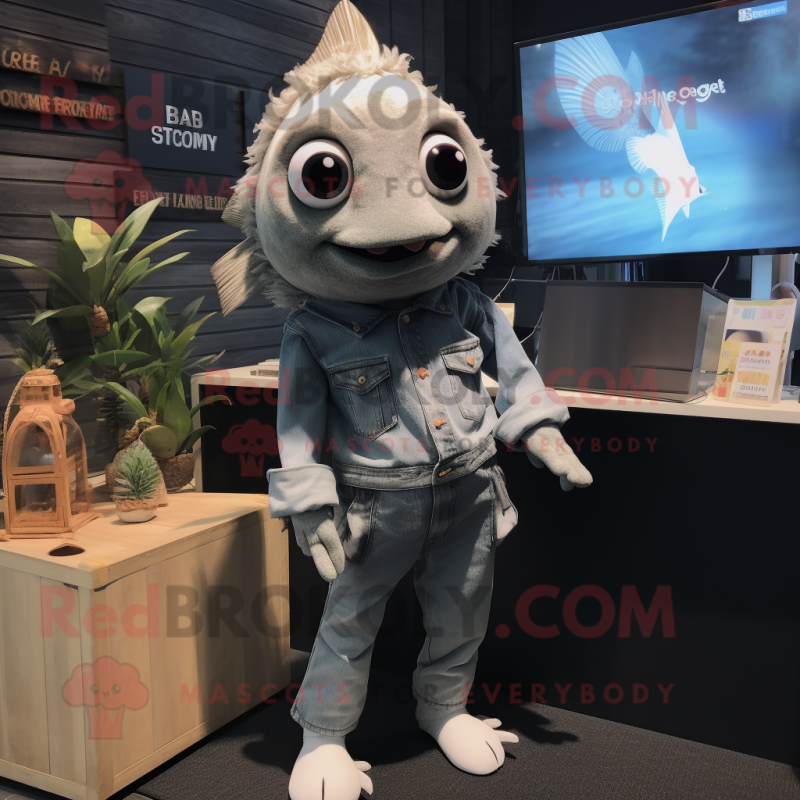 Gray Goldfish mascot costume character dressed with a Bootcut Jeans and Brooches Gray Goldfish mascot costume character dressed with a Bootcut Jeans and Brooches