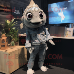 Gray Goldfish mascot costume character dressed with a Bootcut Jeans and Brooches