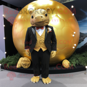 Gold Glyptodon mascot costume character dressed with a Suit Jacket and Headbands