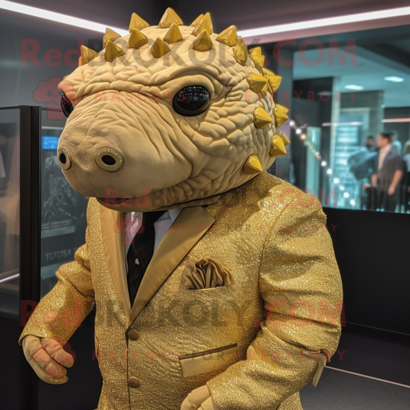 Gold Glyptodon mascot costume character dressed with a Suit Jacket and Headbands