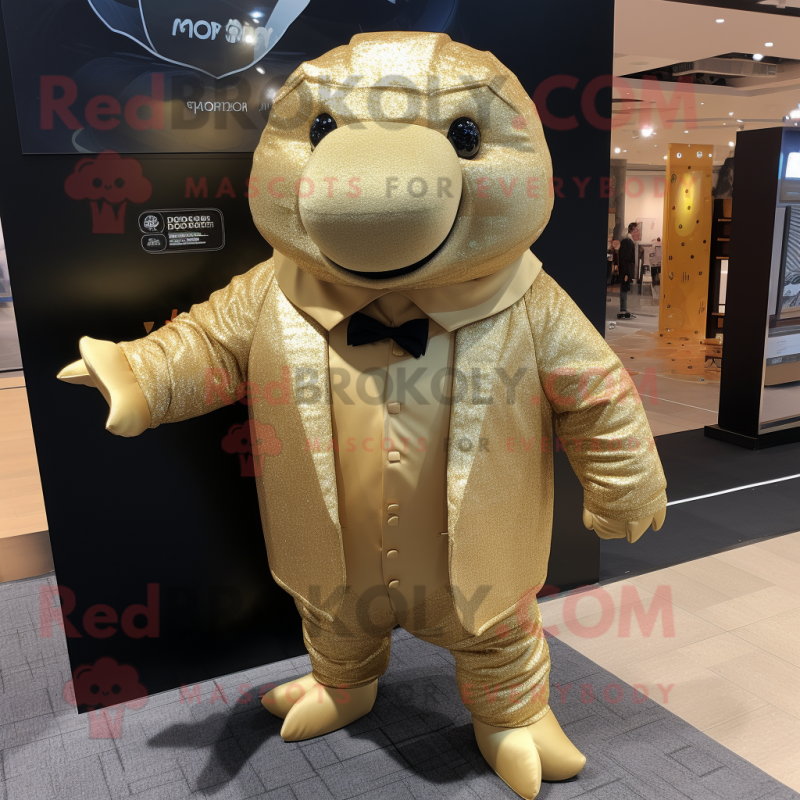 Gold Glyptodon mascot costume character dressed with a Suit Jacket and Headbands Gold Glyptodon mascot costume character dressed with a Suit Jacket and Headbands