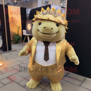Gold Glyptodon mascot costume character dressed with a Suit Jacket and Headbands