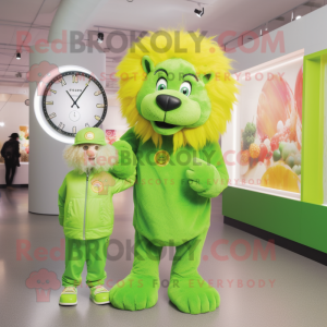 Lime Green Lion mascot costume character dressed with a Romper and Watches