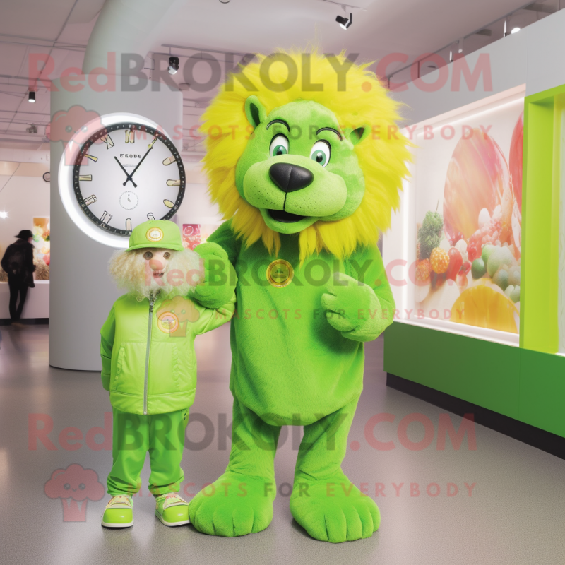 Lime Green Lion mascot costume character dressed with a Romper and Watches Lime Green Lion mascot costume character dressed with a Romper and Watches