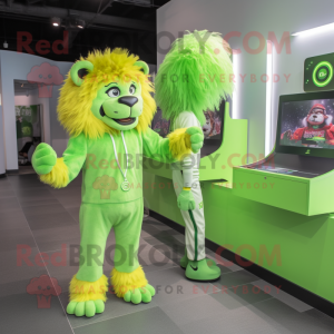 Lime Green Lion mascot costume character dressed with a Romper and Watches