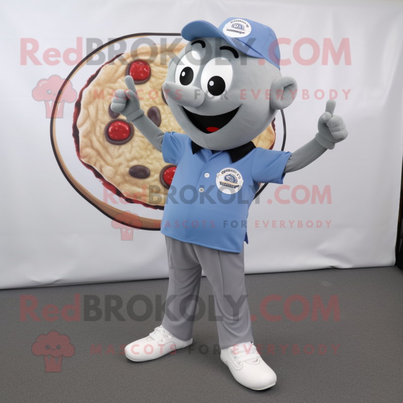 Gray Pizza mascot costume character dressed with a Polo Shirt and Shoe clips