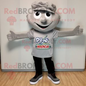 Gray Pizza mascot costume character dressed with a Polo Shirt and Shoe clips