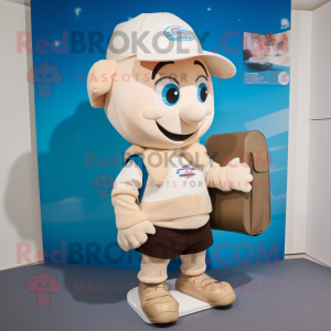 Cream Television mascot costume character dressed with a Rugby Shirt and Messenger bags