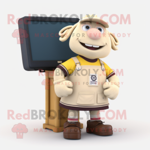 Cream Television mascot costume character dressed with a Rugby Shirt and Messenger bags
