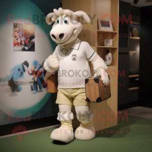 Cream Television mascot costume character dressed with a Rugby Shirt and Messenger bags