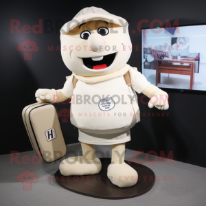 Cream Television mascot costume character dressed with a Rugby Shirt and Messenger bags