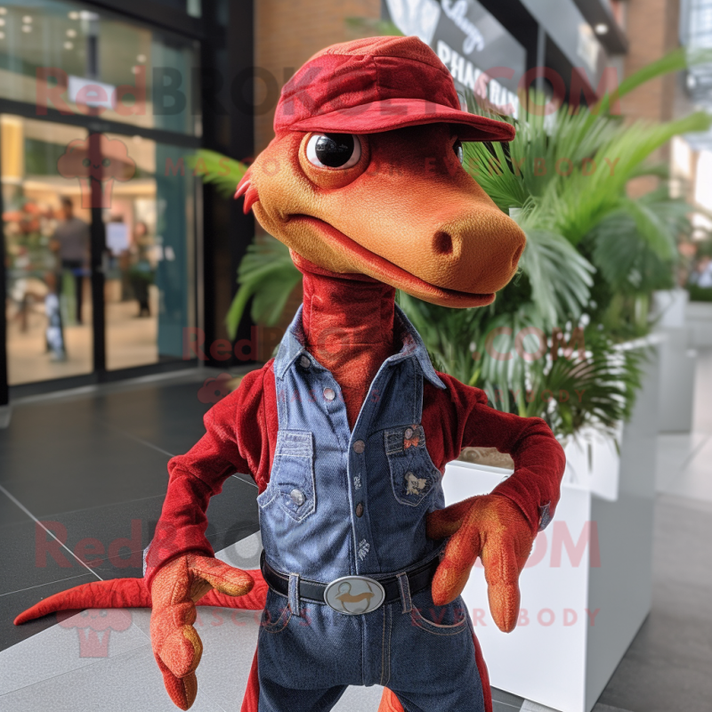 Red Coelophysis mascot costume character dressed with a Flare Jeans and Pocket squares Red Coelophysis mascot costume character dressed with a Flare Jeans and Pocket squares