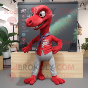 Red Coelophysis mascot costume character dressed with a Flare Jeans and Pocket squares
