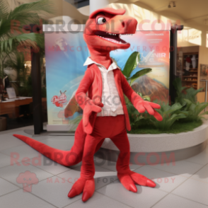 Red Coelophysis mascot costume character dressed with a Flare Jeans and Pocket squares