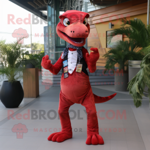 Red Coelophysis mascot costume character dressed with a Flare Jeans and Pocket squares